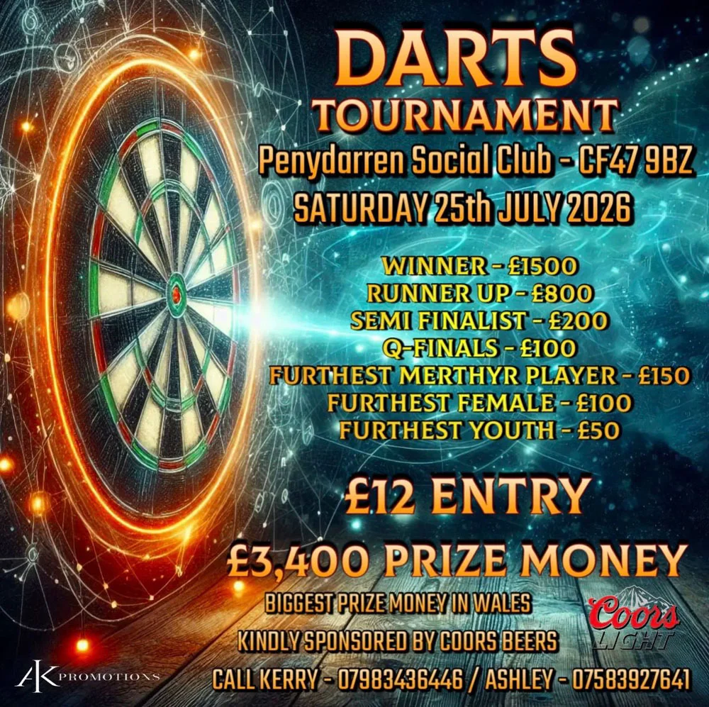 AK Promotions darts tournament at Penydarren Social Club Merthyr Tydfil July 2026 — £3400 prize pool